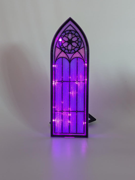 ✨ Cathedral Glow Book Nook — Faux Stained Glass 3D Printed Gothic Window Light (Purple Rose Edition)